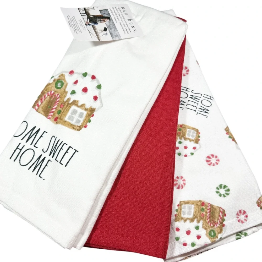 NEW Rae Dunn HOME SWEET HOME Gingerbread House Christmas Kitchen Towel Set/3